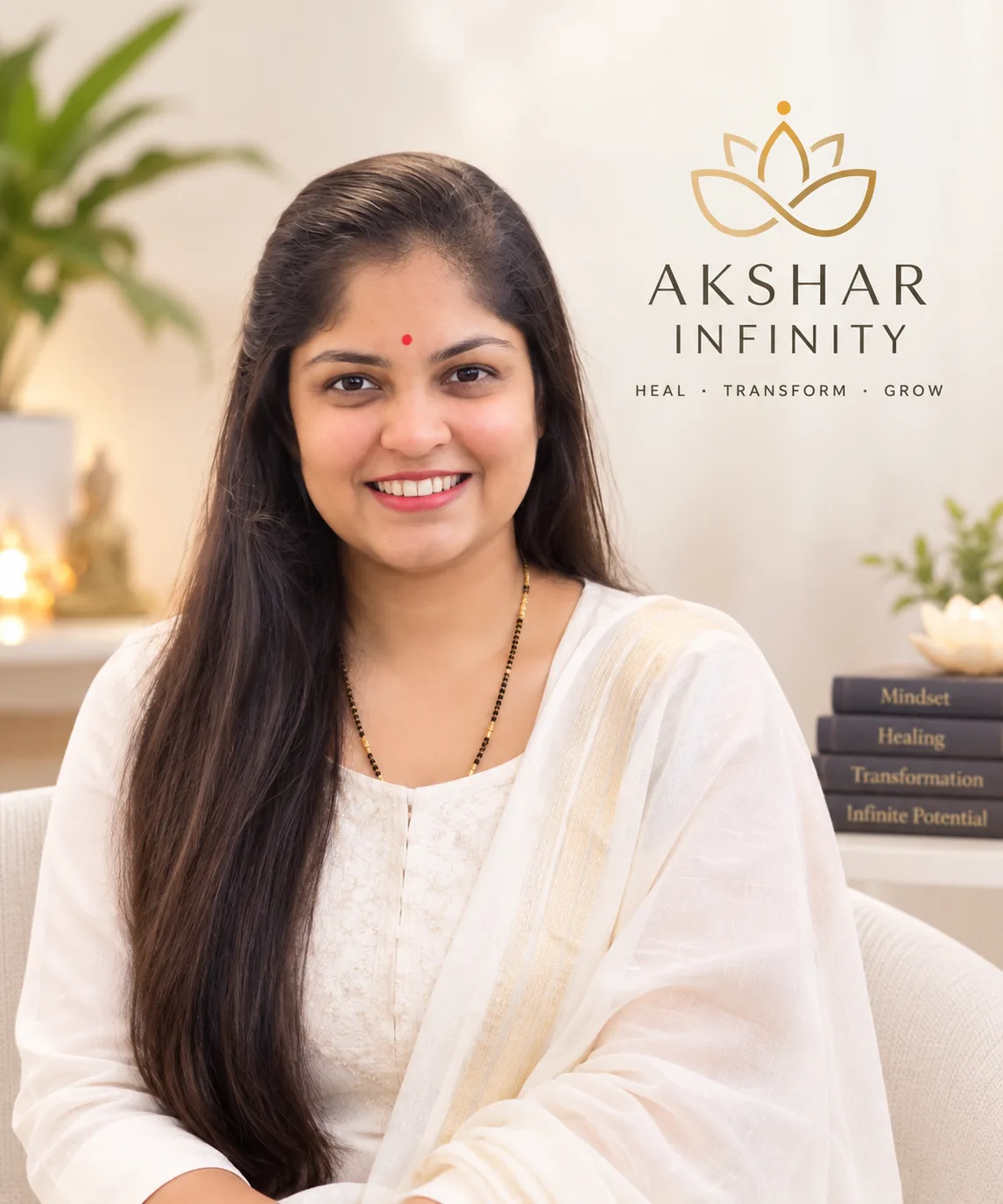 Sneha Bhikadiya in a white and gold outfit beside the Akshar Infinity logo